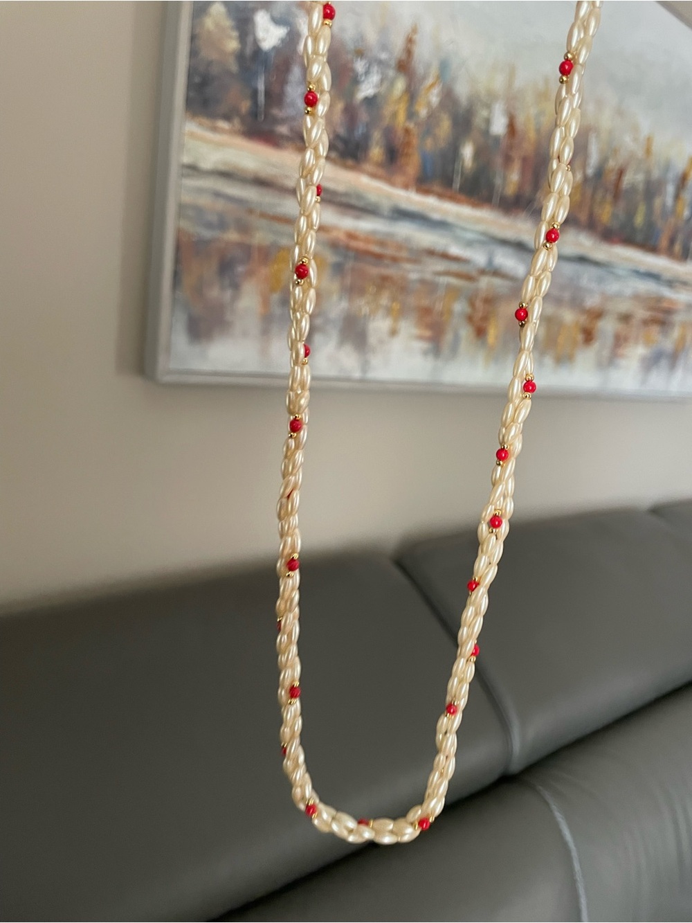 Pearl and Red Bead Twisted Necklace - Women’s Jewelry - Picture 4 of 14